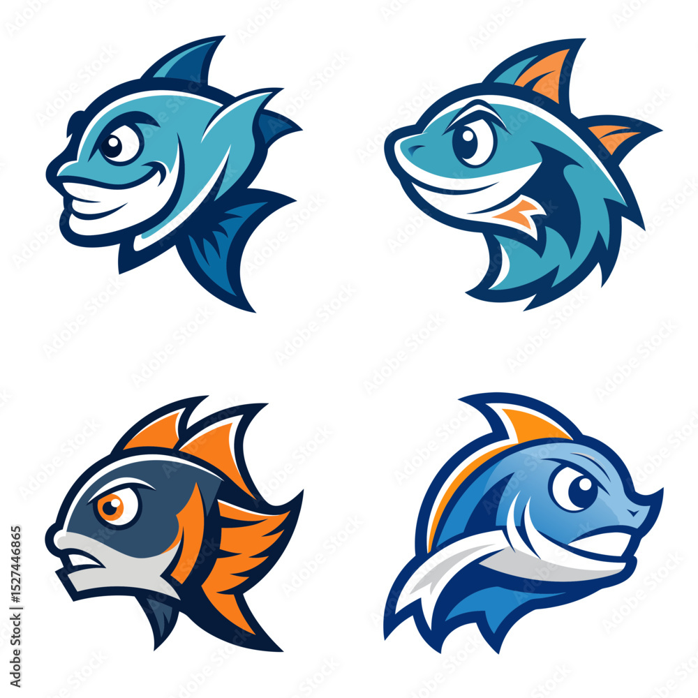 Poster four cartoon fish heads with varying expressions and color schemes on a white background image displ