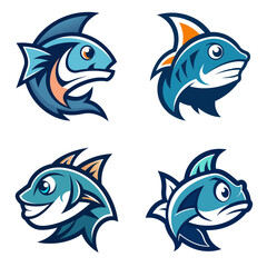 Fototapeta premium Illustration featuring four cartoon fish with varying expressions and fin designs in a stylized format