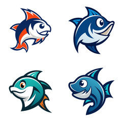 Obraz premium Collection of four cartoon fish illustrations in various colors and styles on a white background design