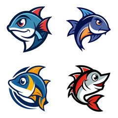 Fototapeta premium Collection of four cartoon fish illustrations with varied colors and unique fin designs in a square layout