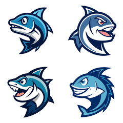 Fototapeta premium Collection of four stylized cartoon shark heads with varying expressions and fin details shown here now