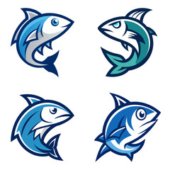 Obraz premium Four stylized fish illustrations in different shades of blue and teal on a white background design