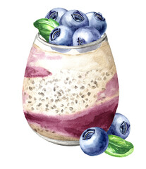 Chia pudding with blueberries. Healthy nutrition concept. Watercolor hand drawn illustration, isolated on white background