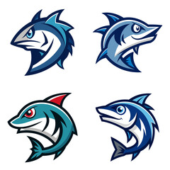 Obraz premium Collection of cartoonish shark illustrations in various shades of blue and aggressive poses on white backdrop