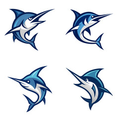 Fototapeta premium Illustration of four stylized blue marlin fish with white accents on a white background surface view
