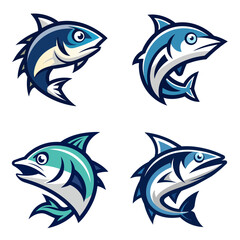 Obraz premium Collection of four stylized fish illustrations in shades of blue and white on a white background