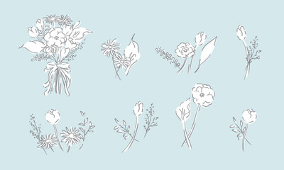 草木のベクター線画。草木と花のシンプル線画イラスト。植物のイラスト。Vector line drawing of grass and trees. Simple line drawing illustration of plants and flowers. Illustration of plants.