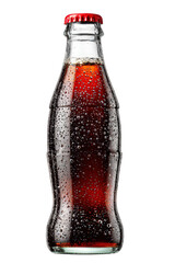Refreshing cold glass bottle of brown soda pop drink with water droplets isolated on studio shot red cap cola dark cool food fizzy sweet image liquid summer quench on transparent background