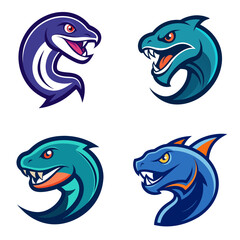 Naklejka premium Collection of four stylized animal head logos featuring snakes and shark like creatures with open mouths