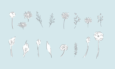 草木のベクター線画。草木と花のシンプル線画イラスト。植物のイラスト。Vector line drawing of grass and trees. Simple line drawing illustration of plants and flowers. Illustration of plants.