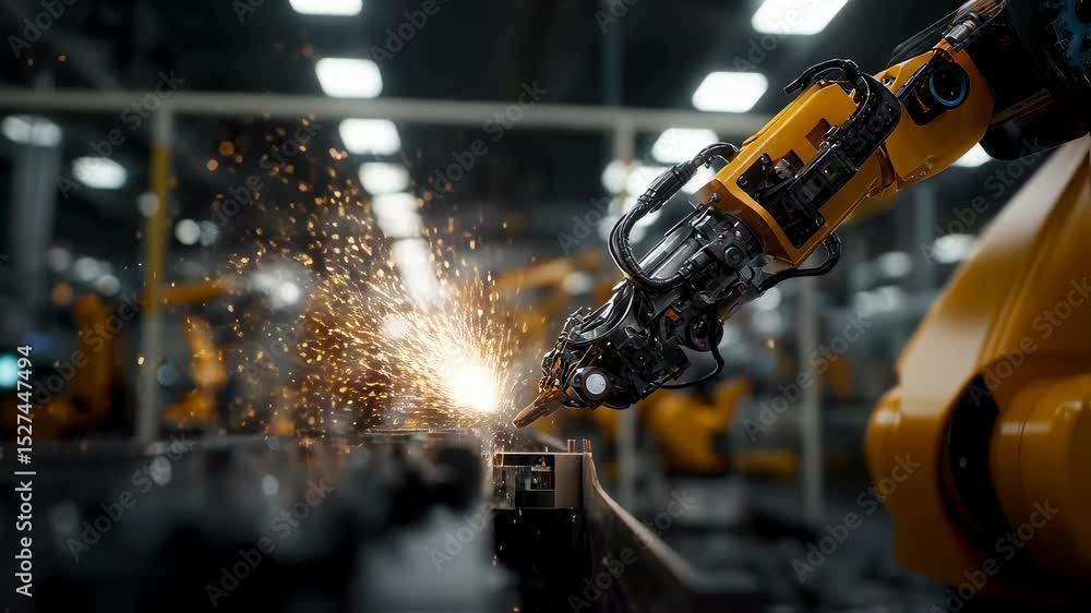Poster automated robotic arm performing precise welding operations on a metal component in a modern industr