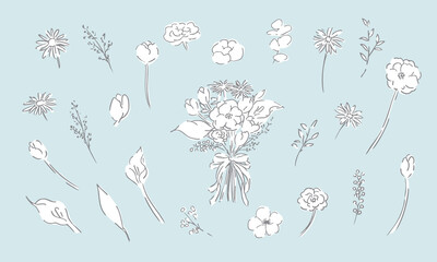 草木のベクター線画。草木と花のシンプル線画イラスト。植物のイラスト。Vector line drawing of grass and trees. Simple line drawing illustration of plants and flowers. Illustration of plants.