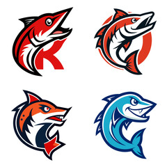 Collection of four stylized fish logos in red orange and blue with aggressive expressions and sharp teeth