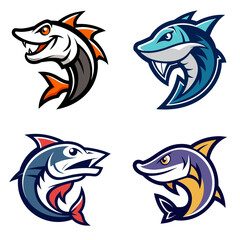 Illustration featuring four stylized fish heads with unique designs and vibrant color schemes