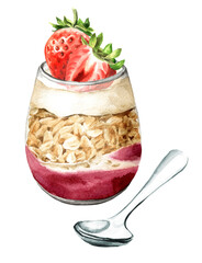 Granola with strawberries, greek yogurt and jam in the jar. Healthy nutrition concept. Watercolor hand drawn illustration isolated on white background