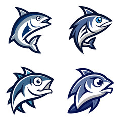 Obraz premium Four stylized fish illustrations in blue and white with unique fin and body designs on white background