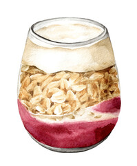 Granola with greek yogurt and jam in the jar. Healthy nutrition concept. Watercolor hand drawn illustration, isolated on white background