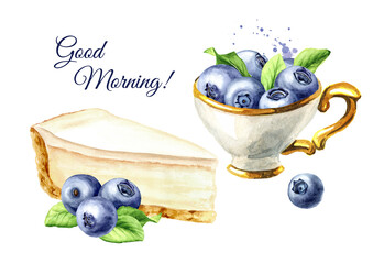 Sweet blueberry cheesecake and blueberries. Greeting card. Watercolor hand drawn illustration isolated on white background