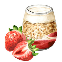 Granola with strawberries, greek yogurt and jam in the jar. Healthy nutrition concept. Watercolor hand drawn illustration, isolated on white background