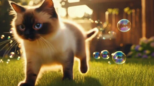 Cute domestic animal walking in the garden outside. Little cat on green grass in sunlight with soap bubbles. Pet on lawn playing in summer.