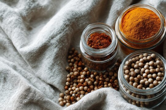Flat Lay of Curry Powder and Coriander Seeds in Glass Jars on a Natural Fabric Surface
