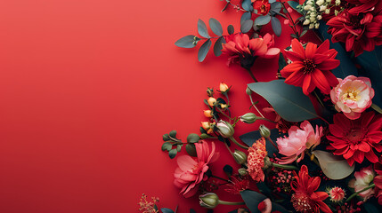 A vibrant floral arrangement features red and pink blossoms with green leaves against a solid red background creating a beautiful and elegant botanical display