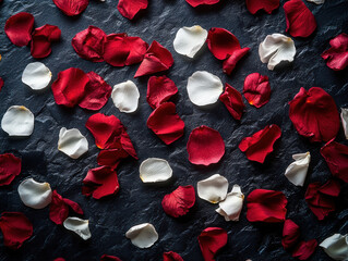 Red and white rose petals are scattered across dark textured surface, creating romantic and elegant pattern. contrast between vibrant petals and dark background enhances visual appeal