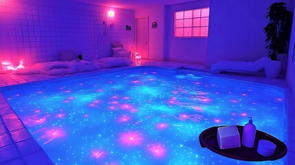 Surreal Indoor Swimming Pool Bathed in Neon Lights for Relaxing Atmosphere