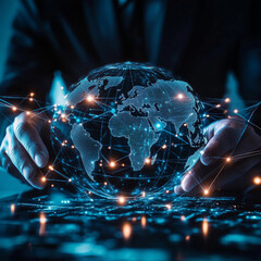 Obraz premium Hand man holding of global quality assurance network connection, ensuring seamless data integration, monitoring system performance, maintaining high standards, implementing rigorous testing protocols.