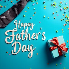 A hat and tie are on a blue background with the words Happy Father's Day. 