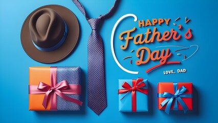A hat and tie are on a blue background with the words Happy Father's Day. 