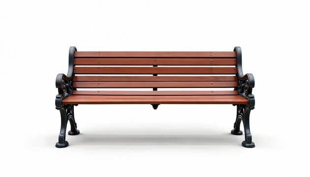 Public bench isolated on white background. Brown wooden, black ornate metal legs. Classic design, empty space. Perfect for product presentations architectural designs. Ideal for website banner ad