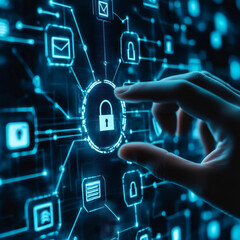 Obraz premium Hand man holding of global information security network connection, protecting data integrity, ensuring confidentiality, maintaining availability, through advanced encryption, secure authentication.