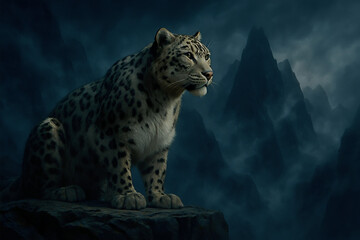 Fototapeta premium Majestic Snow Leopard on Mountain Ledge in Misty Twilight Landscape