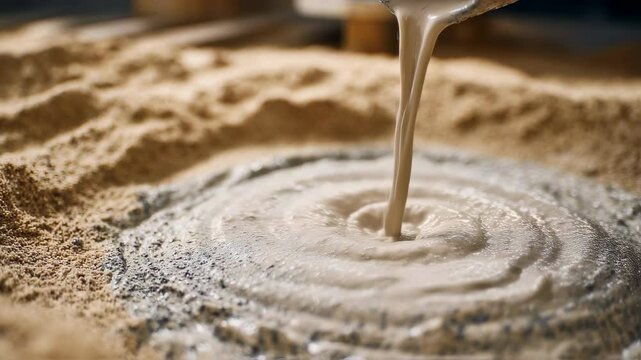 Viscous clay mixture spreading across sandy surface, creating intricate swirling pattern while gradually settling into mesmerizing texture during traditional pottery preparation process