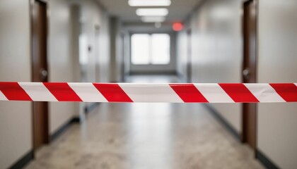 Obraz premium Caution tape blocking hallway entrance in modern building interior 