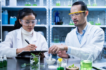 Scientist used biochemistry to test each organic ingredient in the laboratory, ensuring the cosmetic skincare product met safety standards before release.