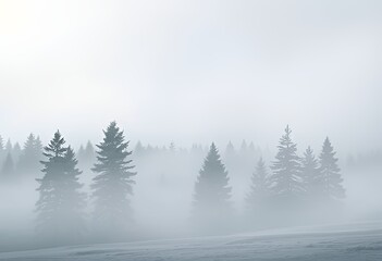 Serene winter landscape with pine trees covered in mist. Calm, atmospheric scene with soft light and fog, perfect for seasonal, nature, or tranquil-themed projects and backgrounds