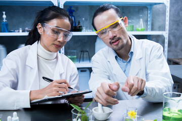 Scientist used biochemistry to test each organic ingredient in the laboratory, ensuring the cosmetic skincare product met safety standards before release.