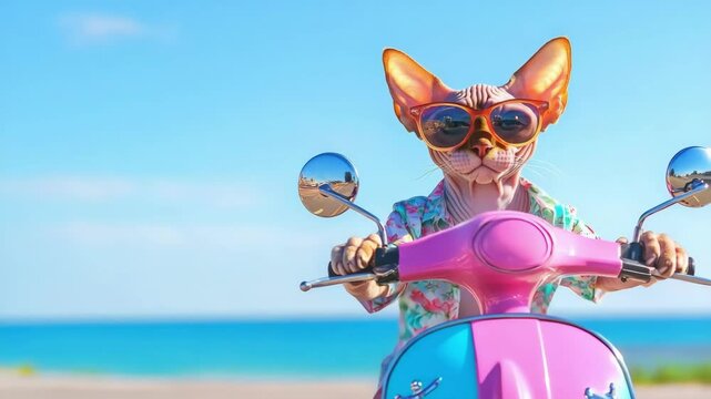 Funny sphinx cat wearing sunglasses and hawaiian shirt riding a pink scooter on a sunny beach road next to the ocean. Summer travel concept.