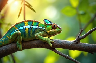 Vibrant chameleon sits on tree branch. Colorful reptile, wildlife creature, macro photography in tropical forest. Exotic animal with camouflage skin. Nature background.