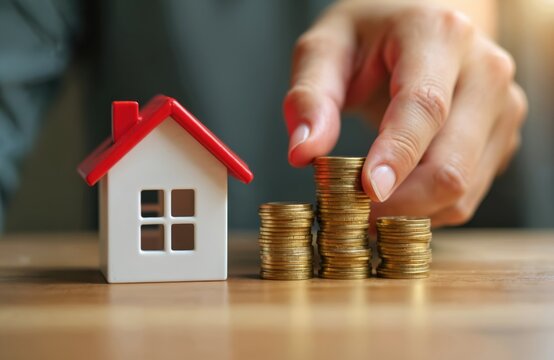 Hand stacks coins near small model house on wooden table. Investment, real estate, finance, mortgage concept. Home buying, savings, property ownership, financial security. - Powered by Adobe