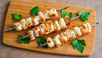 Grilled Chicken Skewers on Wooden Cutting Board Garnished with Fresh Parsley, Delicious Barbecue Food Presentation for Summer Dining