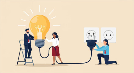 Team Connecting Giant Glowing Lightbulb to Power Source – Conceptual Flat Illustration