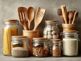 Immerse yourself in a sustainable kitchen setup, featuring reusable tools and clear glass jars