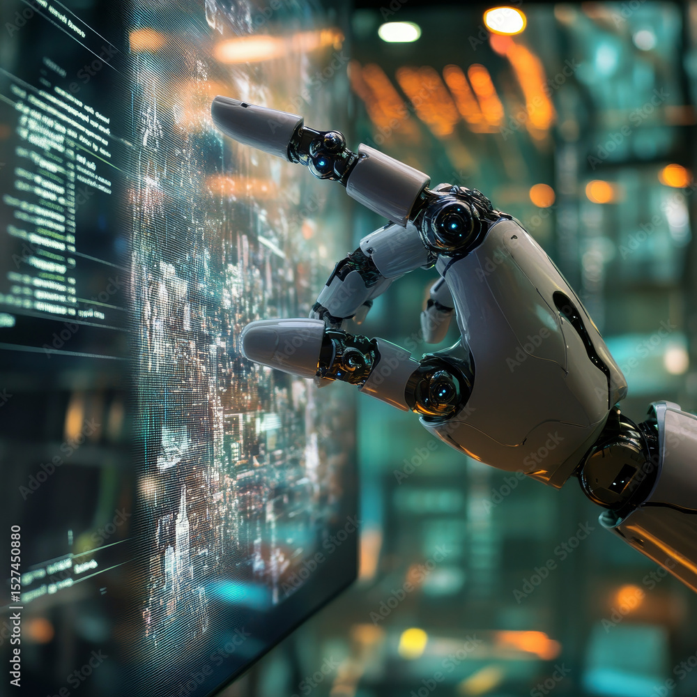 Poster view of cyborg hand holding smart city user interface with icon, stats and data 3d rendering
