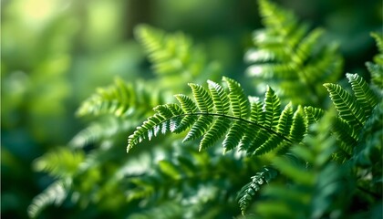 Natural arrangement of fern fronds with sunlight and blurred background in fresh forest greenery