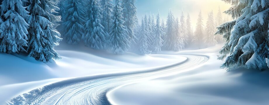 Serene winter landscape with snow-covered trees and a winding path in soft morning light. - Powered by Adobe