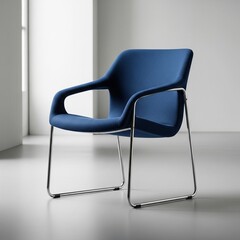 it is a sleek, minimalist design with a dark blue fabric and a polished stainless steel frame.

