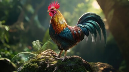 Fototapeta premium Colorful rooster perched on mossy rock in lush jungle